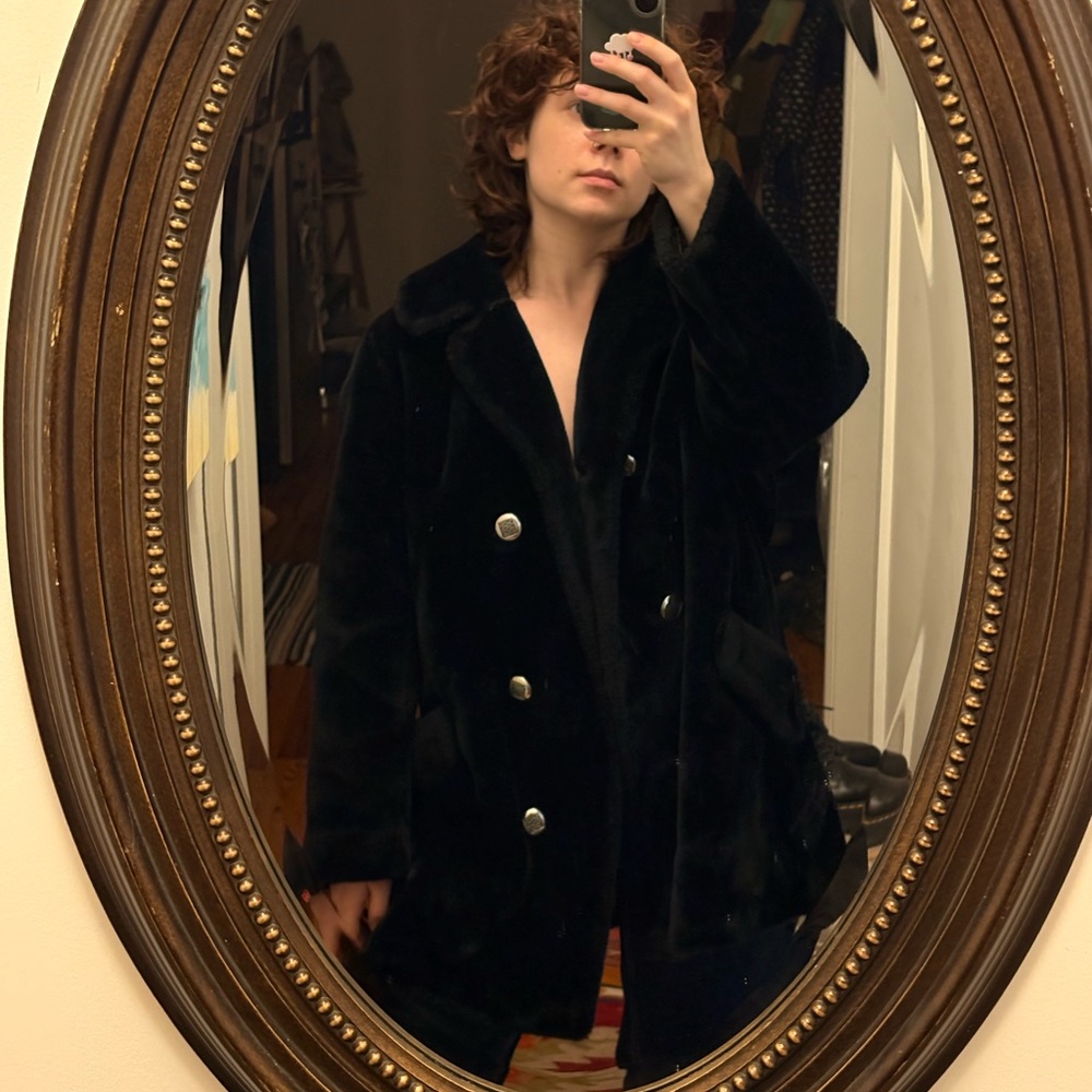 Oversized Black Faux-Fur Double-Breasted Coat